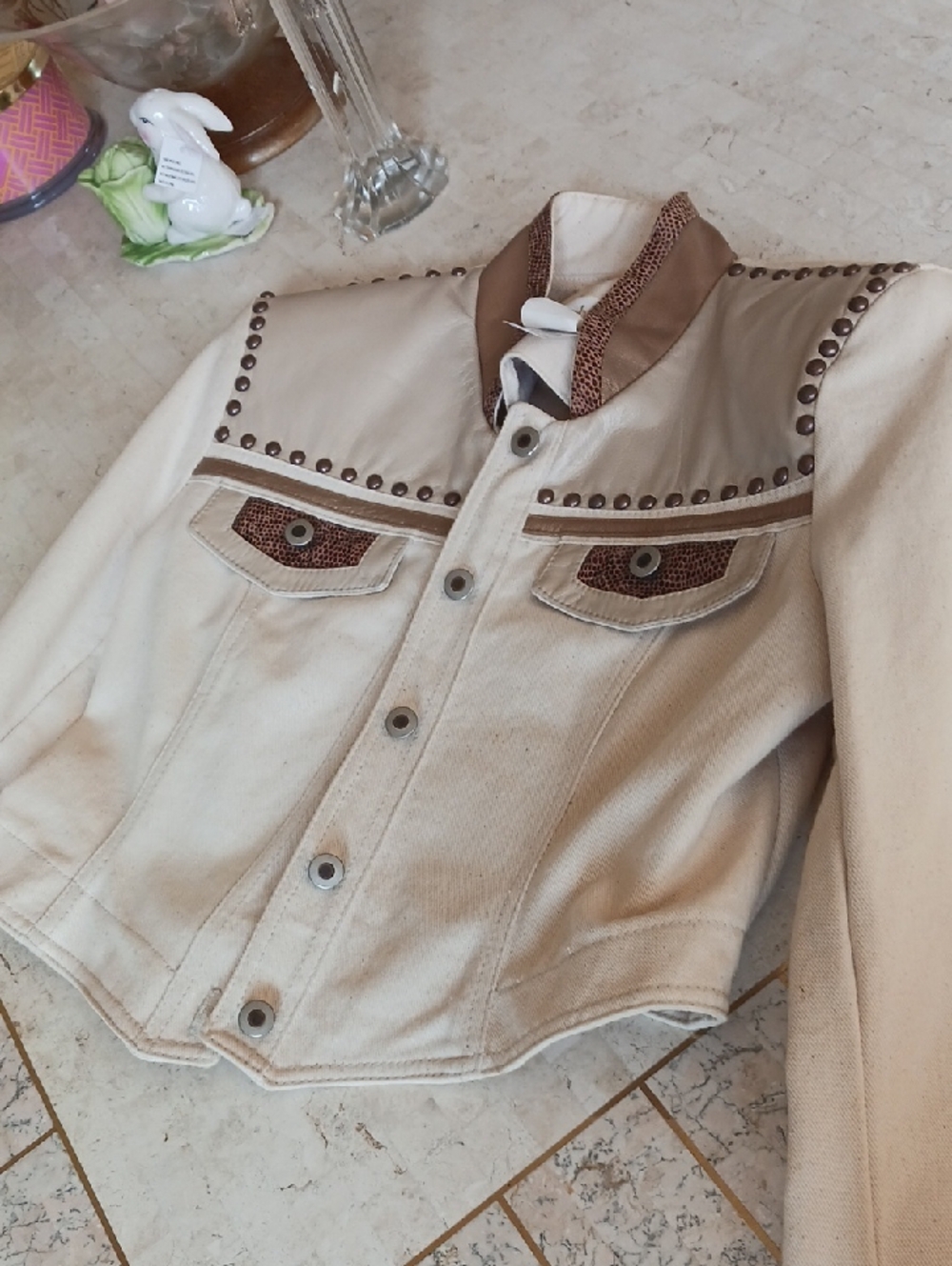 Vintage "Cache" Leather & Cream Cotton Denim Jacket, Metal Studs Detail "NEW" - Picture 5 of 15